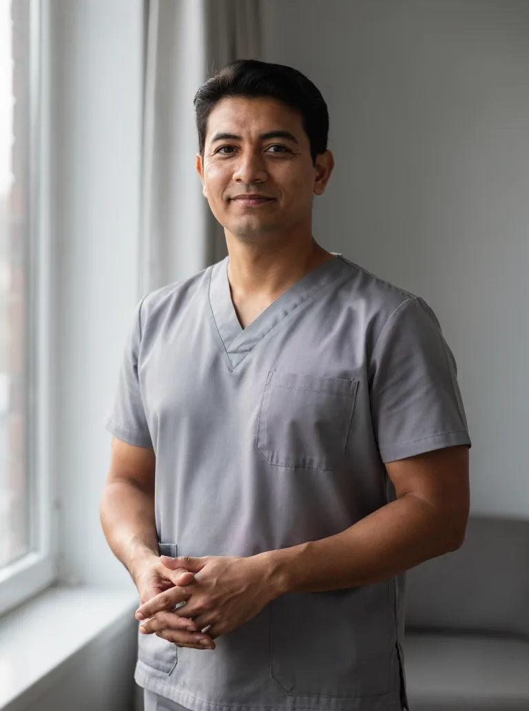 An illustrative clinician figure standing calmly near a window with relaxed attentive posture